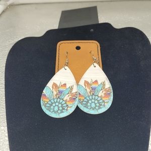 Painted Leather Teardrop Boho South Western  Colorful Sunflower Dangling Rings